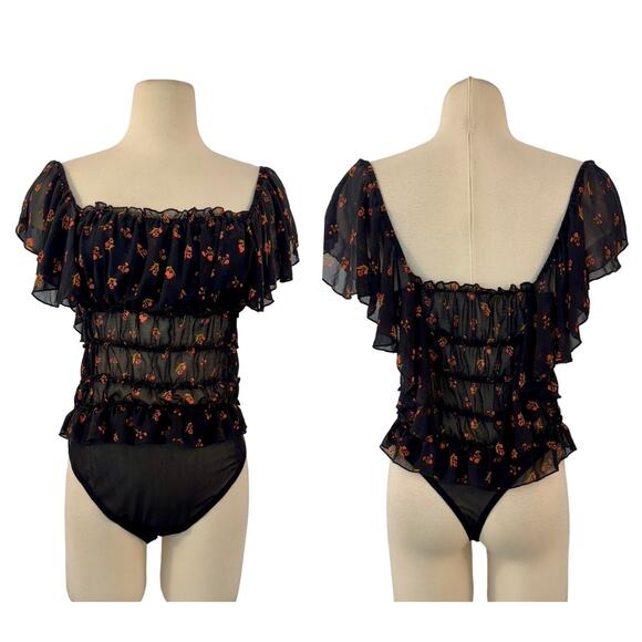 Free People Tops - Free People Intimately Juliet Printed Bodysuit Black Floral Ruffle Sheer Large